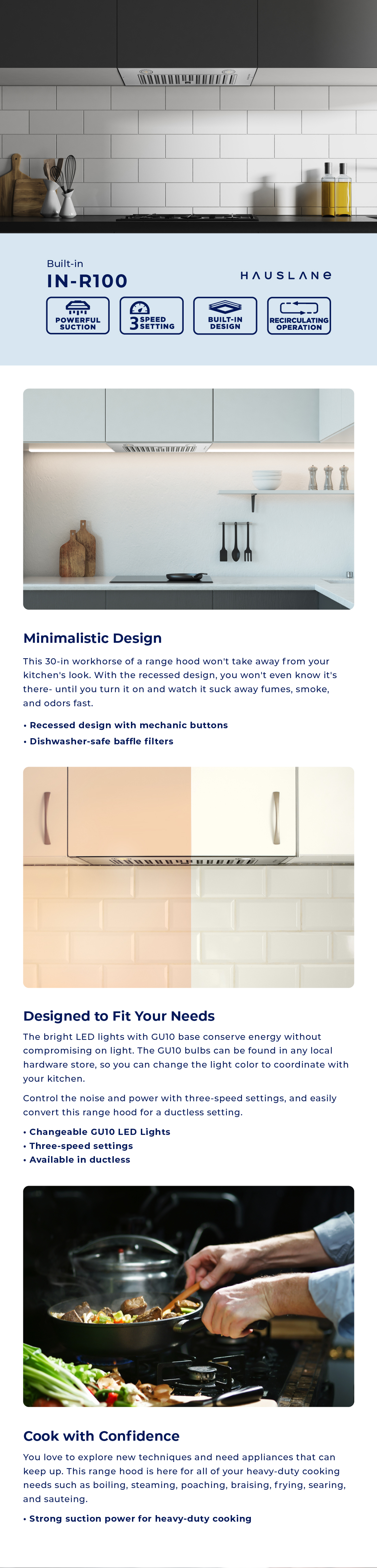 HAUSLANE 30 in. Convertible Insert Range Hood with Changeable LED